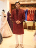 Deep Ruby Red Abstract Embroidered Design Jacquard Men's Sherwani with Contrast Pant