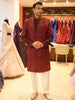 Deep Ruby Red Abstract Embroidered Design Jacquard Men's Sherwani with Contrast Pant