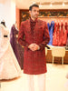 Deep Ruby Red Abstract Embroidered Design Jacquard Men's Sherwani with Contrast Pant