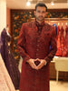 Deep Ruby Red Abstract Embroidered Design Jacquard Men's Sherwani with Contrast Pant