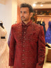 Deep Ruby Red Abstract Embroidered Design Jacquard Men's Sherwani with Contrast Pant