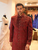 Deep Ruby Red Abstract Embroidered Design Jacquard Men's Sherwani with Contrast Pant