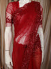 Deep Ruby Red Floral Sequins and Beads Embroidered Design Net Designer Saree with Scalloped Border