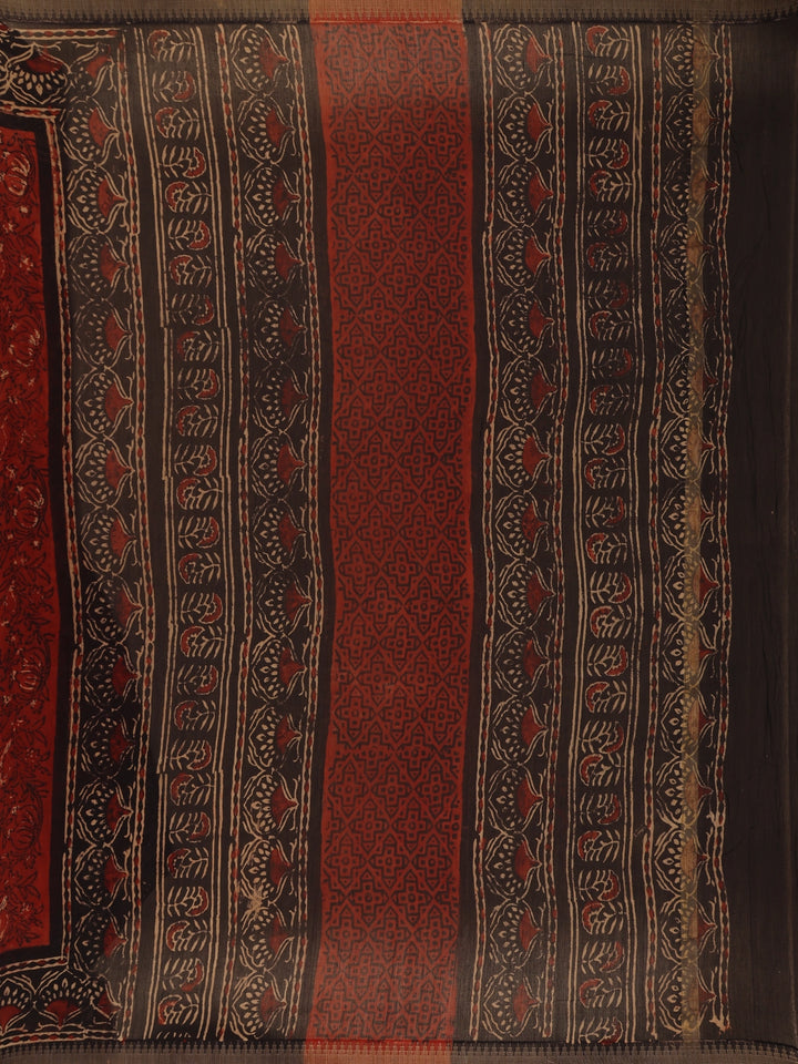 Deep Rust Red Floral Printed Cotton Saree - Diadem