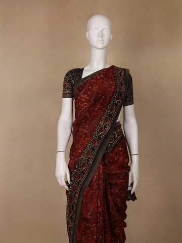 Deep Rust Red Floral Printed Cotton Saree - Diadem