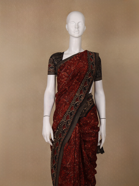 Deep Rust Red Floral Printed Cotton Saree - Diadem