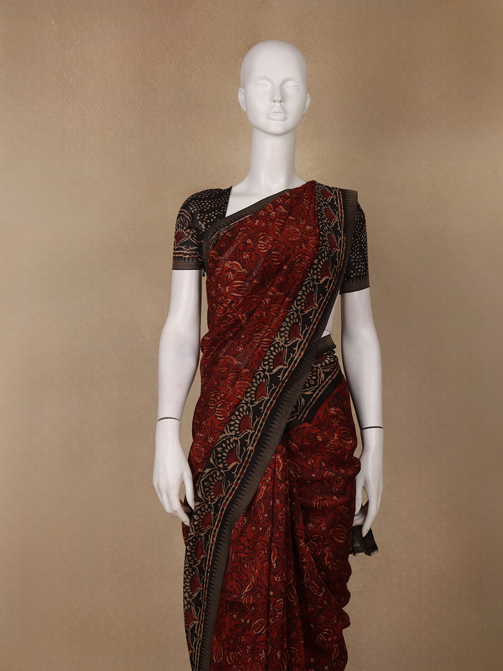 Deep Rust Red Floral Printed Cotton Saree - Diadem