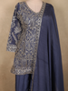 Deep Slate Navy Blue Floral Sequins Embroidered Design Georgette Palazzo Suit with Dupatta