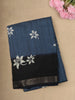 Deep Steel Blue Floral Butta Printed Design Mixed Cotton Saree with Contrast Zari Border