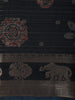 Deep Steel Blue Floral and Paisley Motif Woven Design Mixed Cotton Saree