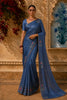 Deep Steel Blue Mini Checked Woven Design Pure Tissue Designer Saree with Motif Border