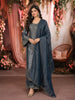 Deep Steel Blue Paisley Sequins and Beads Embroidered Design Tissue Silk Palazzo Suit with Matching Dupatta