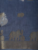 Deep Steel Navy Blue Elephant Motif Zari Woven Design Mixed Cotton Saree with Zari Border