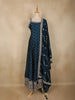 Deep Teal Blue Dotted and Floral Embroidered Design Georgette Gown with Dupatta