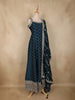 Deep Teal Blue Dotted and Floral Embroidered Design Georgette Gown with Dupatta
