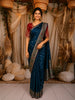 Deep Teal Blue Floral Butta Zari Woven Design Semi Banarasi Silk Saree with Contrast Designer Blouse