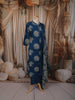 Deep Teal Blue Floral Motif Printed Design Cotton Straight Cut Salwar Suit with Matching Dupatta