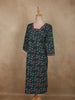 Deep Teal Blue Floral Printed Design Cotton Kurti
