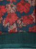 Deep Teal Blue Floral Printed Design Linen Cotton Saree