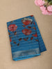 Deep Teal Blue Floral Printed Design Linen Cotton Saree with Zari Border