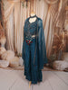 Deep Teal Blue Floral Sequins and Beads Embroidered Design Georgette Indo Western Palazzo Suit with Matching Dupatta