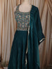 Deep Teal Blue Floral Sequins and Thread Embroidered Design Organza Party Lehenga with Matching Dupatta