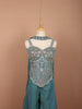 Deep Teal Blue Floral Sequins and Thread Embroidered Design Tissue Organza  Fancy Wear Palazzo Suit  with Matching Choker Dupatta