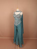Deep Teal Blue Floral Sequins and Thread Embroidered Design Tissue Organza  Fancy Wear Palazzo Suit  with Matching Choker Dupatta