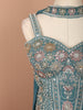 Deep Teal Blue Floral Sequins and Thread Embroidered Design Tissue Organza  Fancy Wear Palazzo Suit  with Matching Choker Dupatta