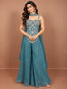 Deep Teal Blue Floral Sequins and Thread Embroidered Design Tissue Organza  Fancy Wear Palazzo Suit  with Matching Choker Dupatta