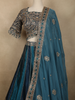 Deep Teal Blue Floral Sequins and Zari Embroidered Design Banarasi Silk Lehenga with Dupatta