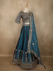 Deep Teal Blue Floral Sequins and Zari Embroidered Design Banarasi Silk Lehenga with Dupatta