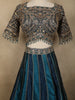 Deep Teal Blue Floral Sequins and Zari Embroidered Design Banarasi Silk Lehenga with Dupatta