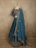 Deep Teal Blue Floral Sequins and Zari Embroidered Design Banarasi Silk Lehenga with Dupatta