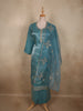 Deep Teal Blue Floral Thread Embroidered Design Organza Palazzo Suit