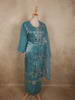 Deep Teal Blue Floral Thread Embroidered Design Organza Palazzo Suit
