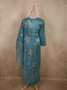 Deep Teal Blue Floral Thread Embroidered Design Organza Palazzo Suit