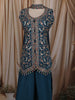 Deep Teal Blue Floral Thread Embroidered Design Satin Palazzo Suit with Dupatta
