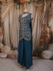 Deep Teal Blue Floral Thread Embroidered Design Satin Palazzo Suit with Dupatta