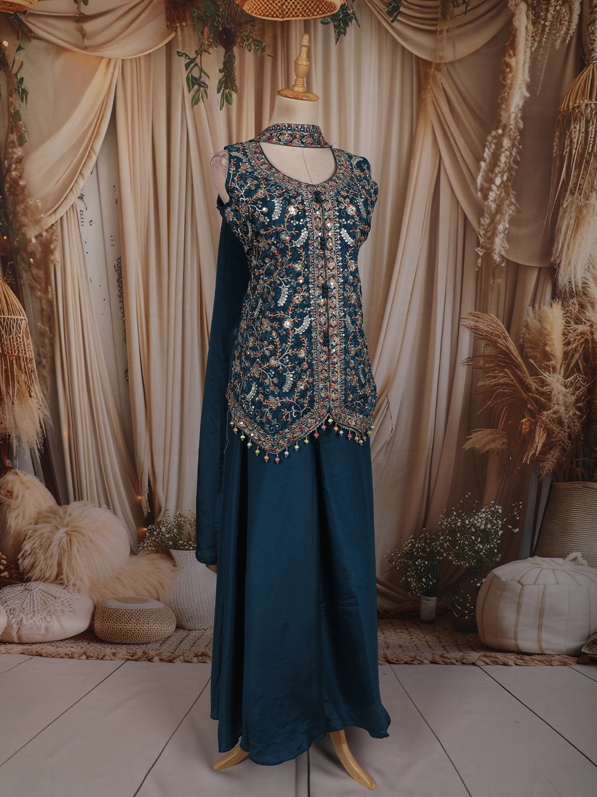 Deep Teal Blue Floral Thread Embroidered Design Satin Palazzo Suit with Dupatta