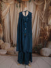 Deep Teal Blue Floral Thread Embroidered Design Satin Palazzo Suit with Dupatta