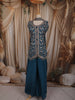 Deep Teal Blue Floral Thread Embroidered Design Satin Palazzo Suit with Dupatta