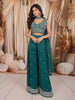 Deep Teal Blue Floral Vine Sequins and Beads Embroidered Design Tissue Party Wear Indo Western Palazzo Suit with Matching Choker Dupatta