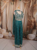 Deep Teal Blue Floral Vine Sequins and Beads Embroidered Design Tissue Party Wear Indo Western Palazzo Suit with Matching Choker Dupatta