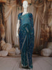 Deep Teal Blue Floral Vine Stone Embellished Design Organza Party Wear Saree with Scalloped Border