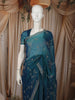 Deep Teal Blue Floral Vine Stone Embellished Design Organza Party Wear Saree with Scalloped Border