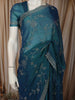 Deep Teal Blue Floral Vine Stone Embellished Design Organza Party Wear Saree with Scalloped Border