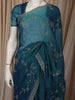 Deep Teal Blue Floral Vine Stone Embellished Design Organza Party Wear Saree with Scalloped Border