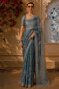 Deep Teal Blue Floral Vine Stone Embellished Design Organza Party Wear Saree with Scalloped Border
