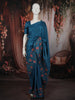 Deep Teal Blue Floral Vine Thread Embroidered Design Pure Tussar Silk Fancy Saree with Thread Work Border